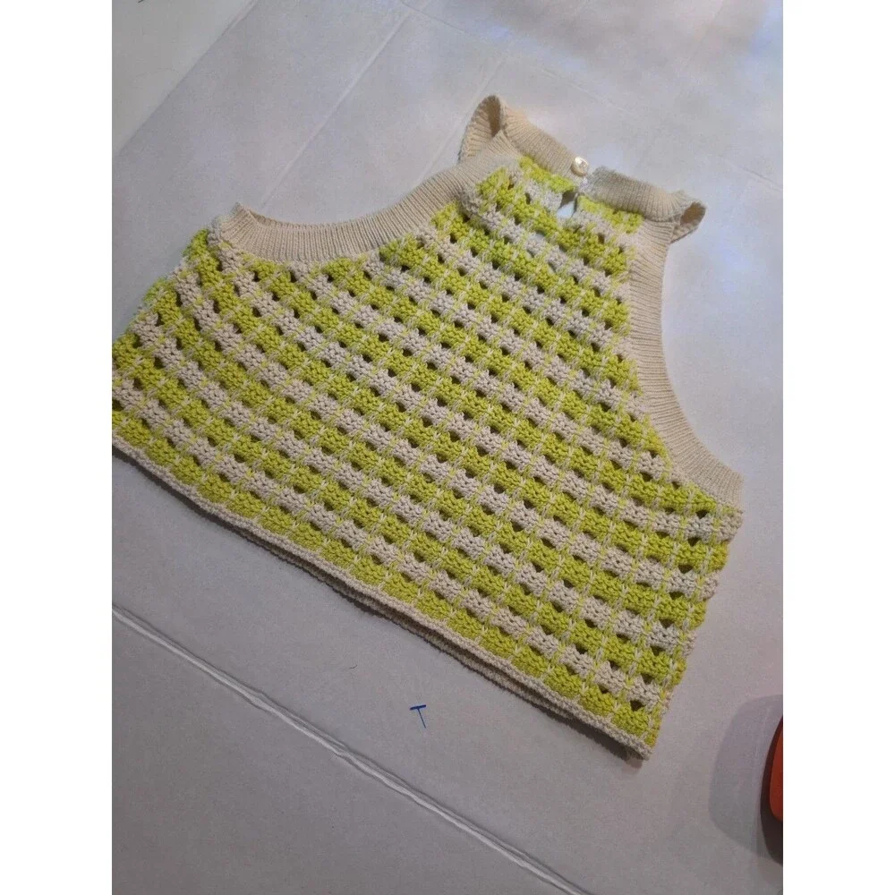 Zara Kids Girls Open Crochet Knit Halter Boho Top Lime Green & Cream Size 13-14